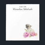 Bloc De Notas Acuarela floral de perro de pug | Añadir su nombre<br><div class="desc">Esta es una pintura acuarela de un cachorro sentado en medio de flores de peonía. Las flores comienzan como un brote a la derecha y lentamente florecen al máximo a medida que van hacia la izquierda.</div>