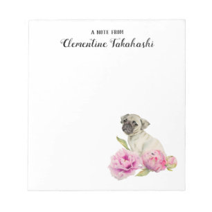 Bloc De Notas Acuarela floral de perro de pug   Añadir su nombre