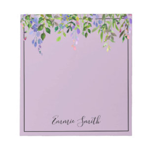 Bloc De Notas Acuarela Floral Púrpura Hojas Verdes Personalizada