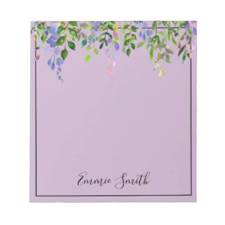 Bloc De Notas Acuarela Floral Púrpura Hojas Verdes Personalizada