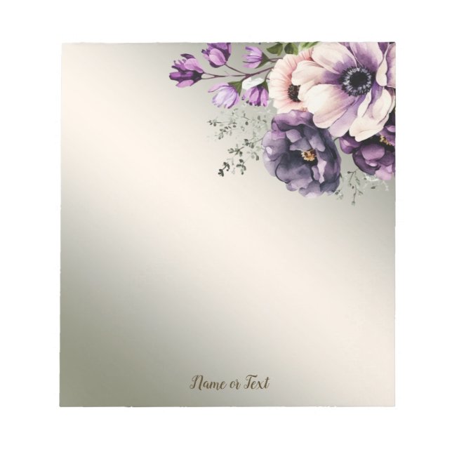 Bloc De Notas Acuarela Púrpura Flores Rosa Doradas Elegante (Frente)