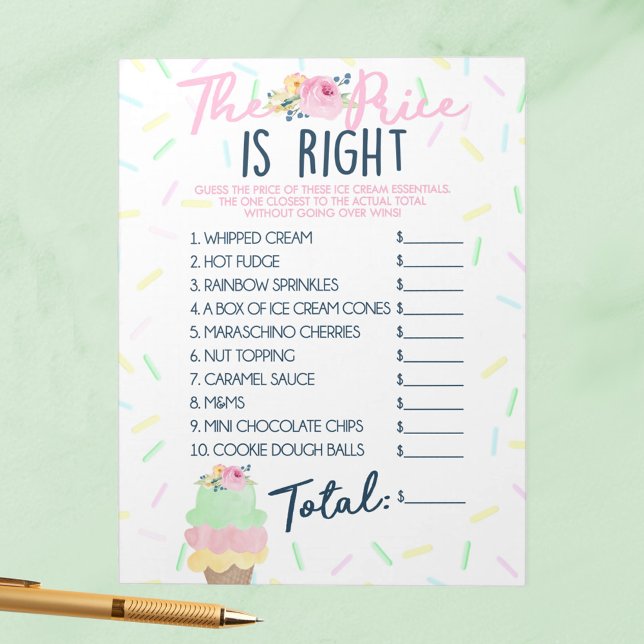 Bloc De Notas Adivina el paquete de juego Price Ice Cream Essent (Guess Price Right Ice Cream Scooped Up Bridal Shower Game Pack of 40 Answer Sheets)