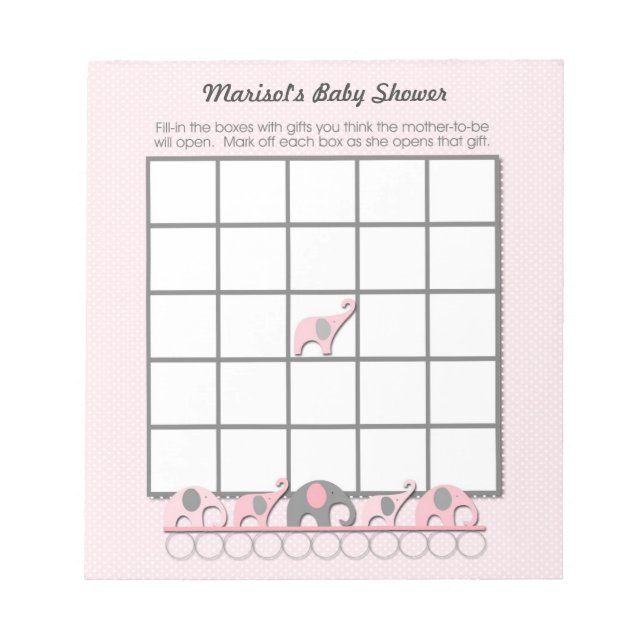 Bloc De Notas Almohadilla de juego de Bingo Baby Shower Elephans (Frente)