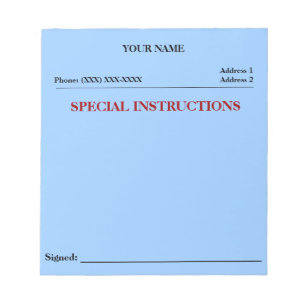 Bloc De Notas Almohadilla de la nota de las instrucciones especi