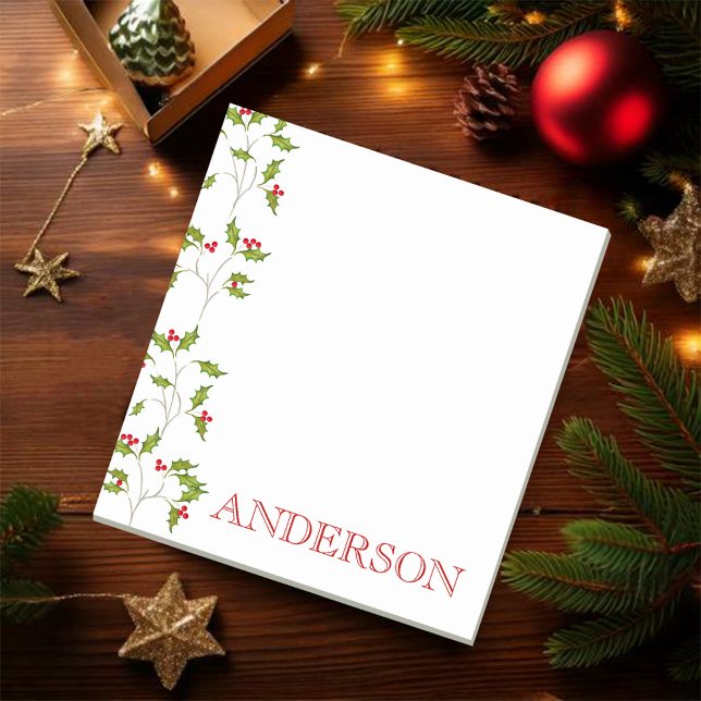 Bloc De Notas Almohadilla de notas de Holiday Holly (Christmas greenery personalized Holiday notepad)