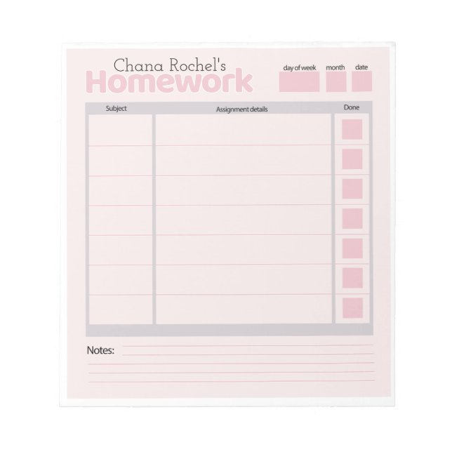 Bloc De Notas almohadilla personalizada de tarea (Frente)