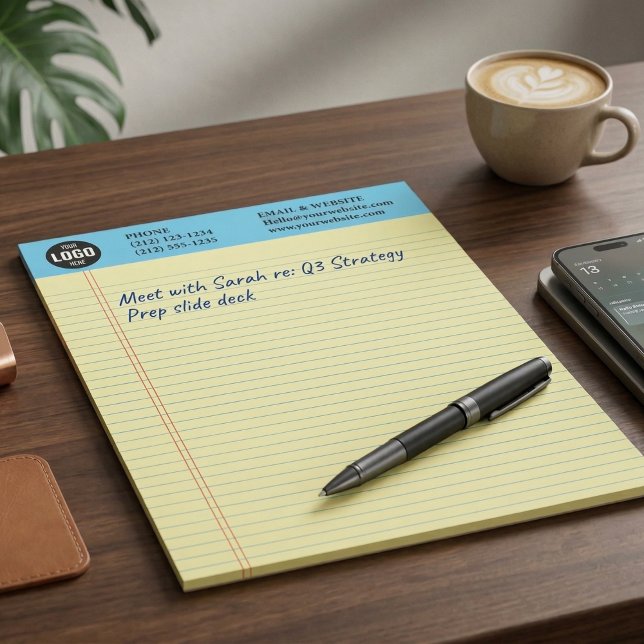 Bloc de notas amarillo de logotipo comercial perso (Professional Custom Business Logo Notepad with Blue Ruled Lines)