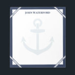 Bloc De Notas Anclaje azul de la marina y náutica de la pista Añ<br><div class="desc">Bandera náutica con bordes azul marino, detalles de cuerda blanca, un ancla pálido y tu nombre. Agarra notas y cosas que recordar en este bloc de notas temático de ancla con colores náuticos y personalizado con tu nombre. Un cuaderno para el capitán en tu vida con cuerda, un ancla y...</div>