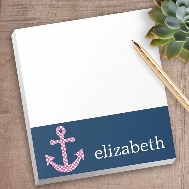 Bloc De Notas Anclaje de puntos de polka rosado con nombre perso (Personalized notepad - great for a gift or your home office)