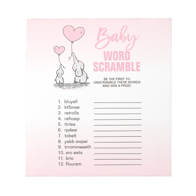 Bloc De Notas ÁRBOL DE PALABRA Baby Shower Chica blanco elefante (Frente)