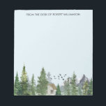 Bloc De Notas Árboles de bosques Naturaleza acuarela Montañas fo<br><div class="desc">Nota personalizada de texto/nombre con paisaje pintado de acuarela con montañas,  bosque y una cabaña.</div>