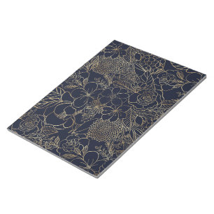 Bloc De Notas Arte de la línea de Doodles Blue Floral Gold Moder