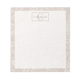 Bloc De Notas Arte de línea floral beige, monograma personalizad