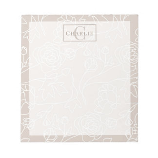 Bloc De Notas Arte de línea floral beige, monograma personalizad