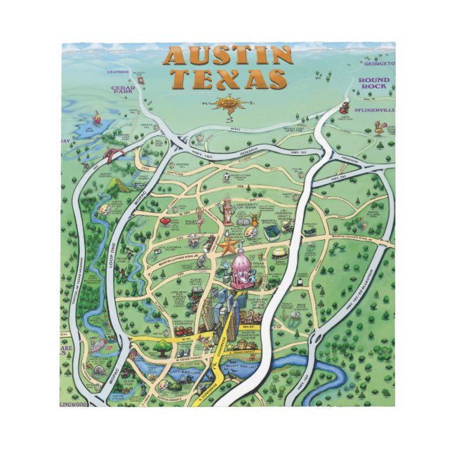 Bloc De Notas Austin Texas Cartoon Map (Frente)