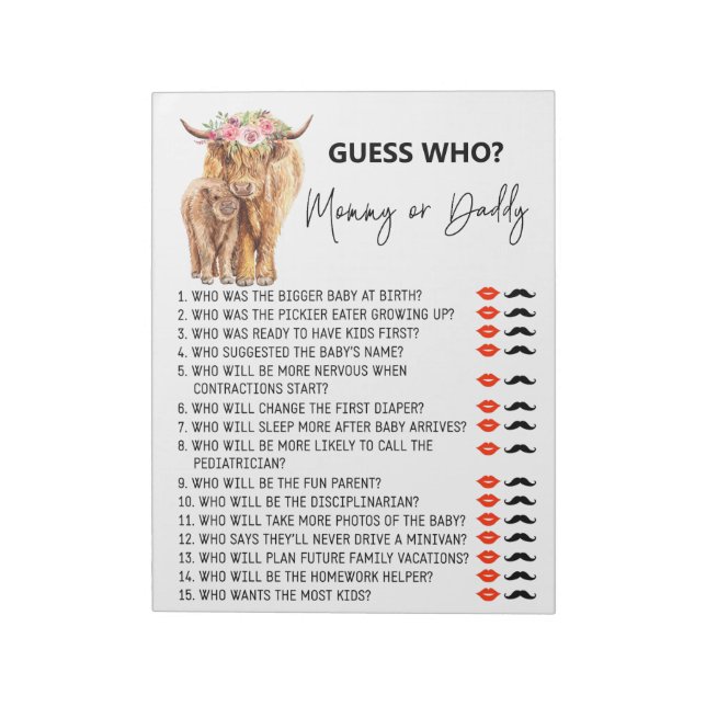 Bloc De Notas Baby Shower Adivina Quién Juego Highland Cow Notep (Lado Izquierdo)