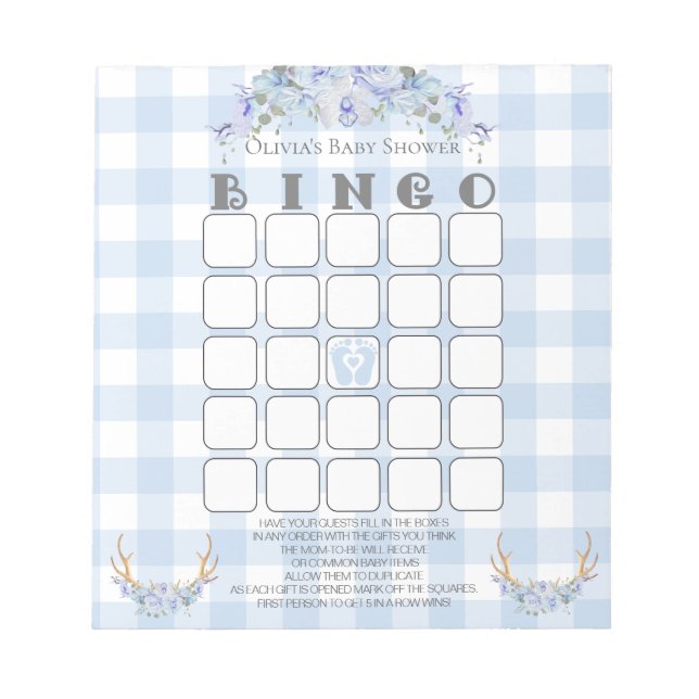 Bloc De Notas Baby Shower Bingo BOHO Baby Blue Gingham (Frente)