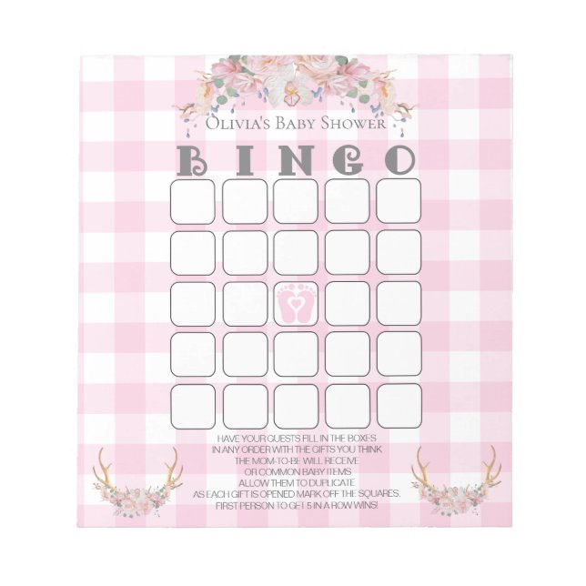 Bloc De Notas Baby Shower Bingo BOHO Baby Pink Gingham (Frente)