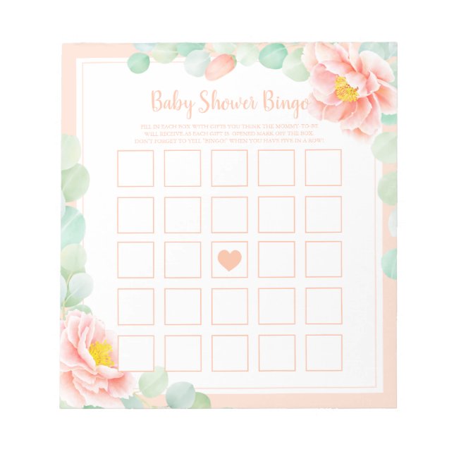 Bloc De Notas Baby Shower Bingo Eucalyptus Foliage Peony Peach (Frente)
