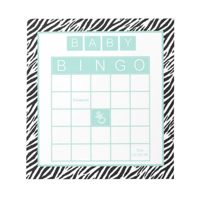 Bloc De Notas Baby Shower Bingo Game Moda Aqua Mint Zebra (Frente)