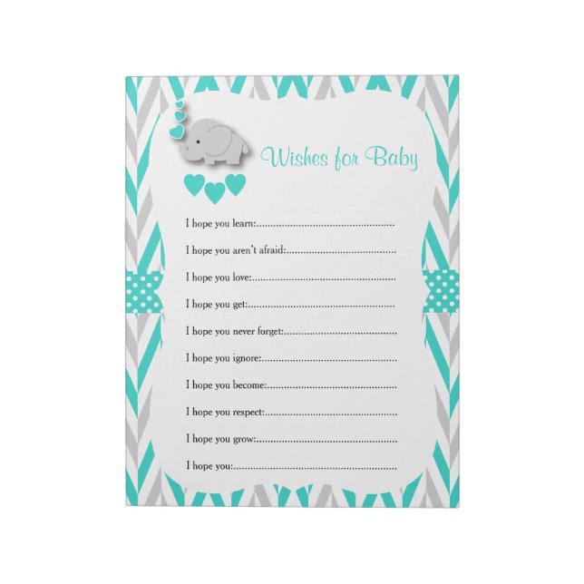 Bloc De Notas Baby Shower de Elefante Turquesa y Gris - Deseos (Lado Izquierdo)