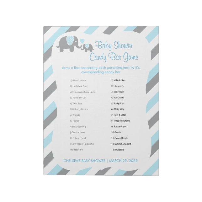 Bloc De Notas Baby Shower de Elefantes Azules, Blancos y Gris -  (Lado Izquierdo)