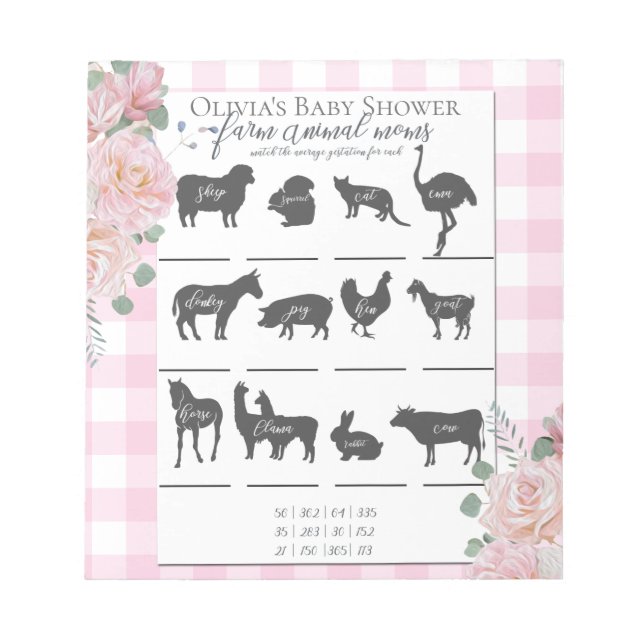 Bloc De Notas Baby Shower Farm Animal Games Pink Roses Gingham (Frente)