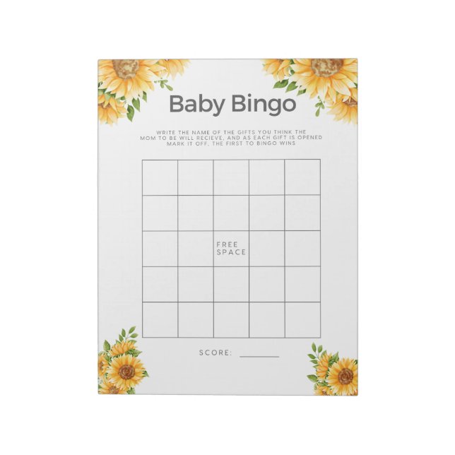 Bloc De Notas Baby Shower Game Baby Bingo Yellow Sunflowers (Lado Izquierdo)