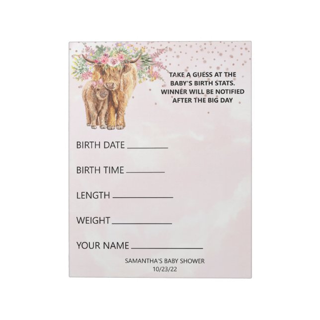 Bloc De Notas Baby Shower Guesses Game Highland Cow Pink (Lado Izquierdo)