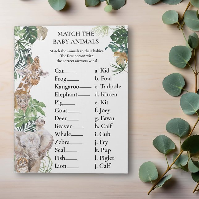 Bloc De Notas Baby Shower Match Game Jungle Safari Animals (Subido por el creador)