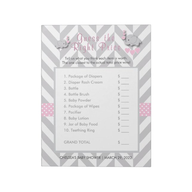 Bloc De Notas Baby Shower rosa y gris elefante - adivina el prec (Lado Izquierdo)
