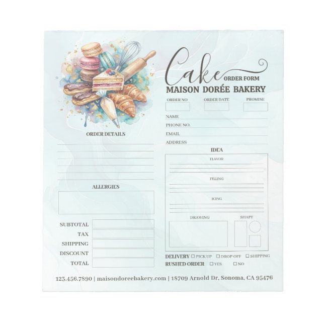 Bloc De Notas Bakery Store Pastry Chef Cake Baker Order Form (Frente)