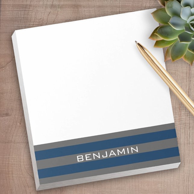 Bloc De Notas Bandas de rugby azul y gris de la marina con nombr (Personalized Notepad)