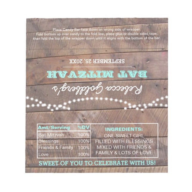 Bloc De Notas Barnwood ilumina Verde azulados Bat Mitzvah Candy  (Frente)