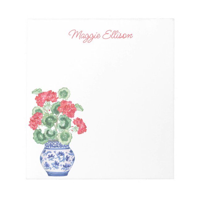 Bloc De Notas Barrera de Chinoiserie de Geranios Rojos Personali (Frente)