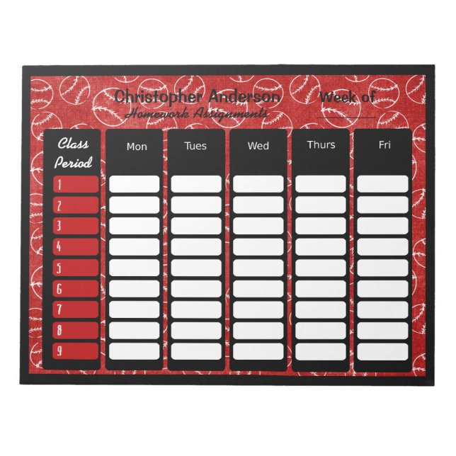 Bloc De Notas Béisbol Rojo Personalizado Homework Notepad (Frente)