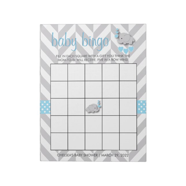 Bloc De Notas Bingo Baby Shower de elefante gris y azul dulce (Lado Izquierdo)