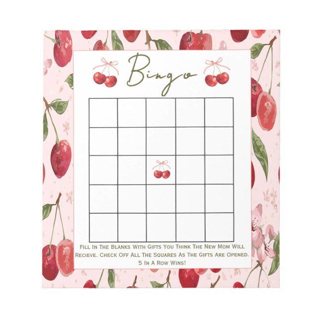 Bloc De Notas Bingo baby shower game Cherry Sweet  (Frente)