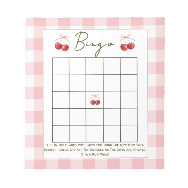 Bloc De Notas Bingo baby shower game Cherry Sweet  (Frente)