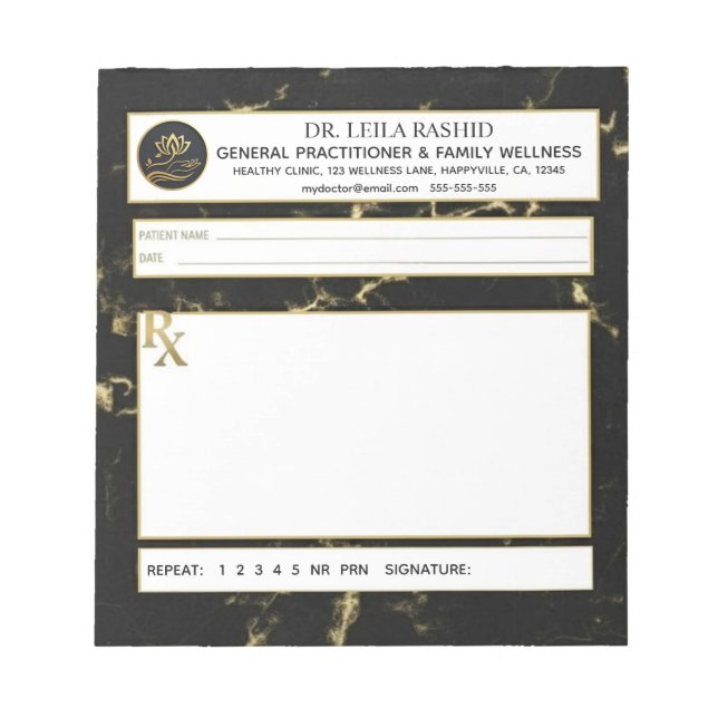 Bloc De Notas Black & Gold Faux Marble Doctor Prescription (Frente)