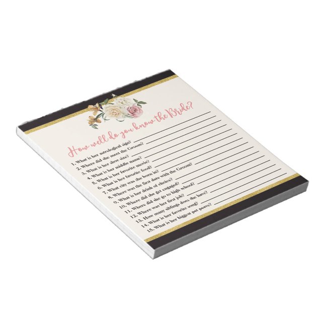 Bloc De Notas Black, Ivory, Gold Floral Bridal Shower Game (Lado Derecho)
