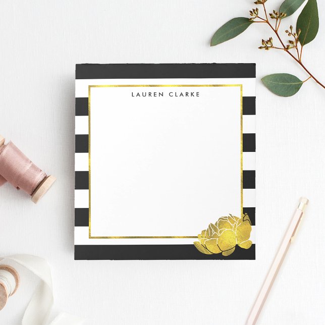 Bloc De Notas Black Stripe & Faux Gold Peony Personalizado (Subido por el creador)