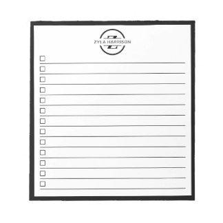 Bloc De Notas Black White Monogram Name Checklist 5.5" x 6"