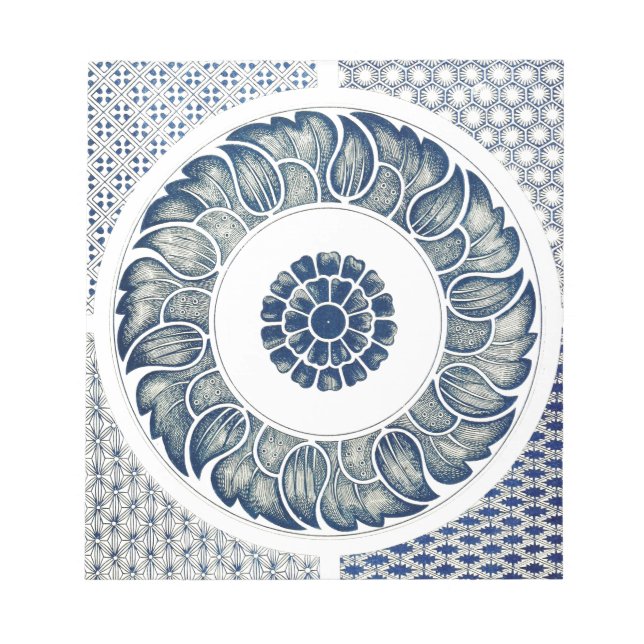 Bloc De Notas Blanco Floral Chino Redondo Azul (Frente)
