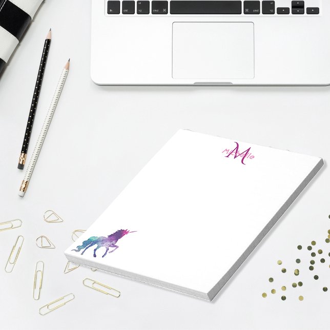 Bloc De Notas Blanco morado de unicornio monogramado (Subido por el creador)