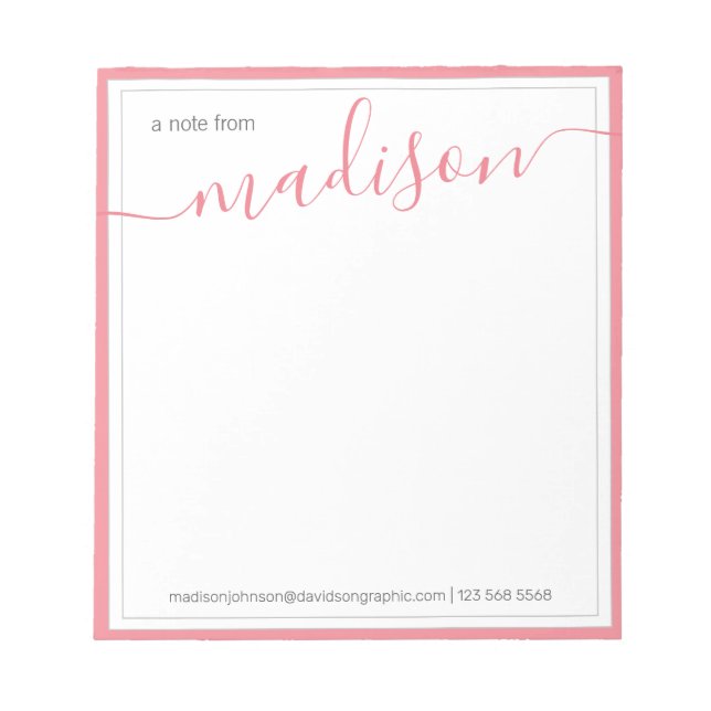 Bloc De Notas Blanco Rosa Caliente Nombre Personalizado Del Escr (Frente)