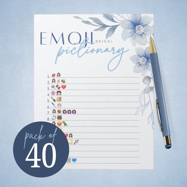 Bloc De Notas Blue Emoji Pictionary Bridal Shower Game Pack (Blue Watercolor Floral Bridal Pictionary Game Pack of 40 Games for Something Blue Bridal Shower)
