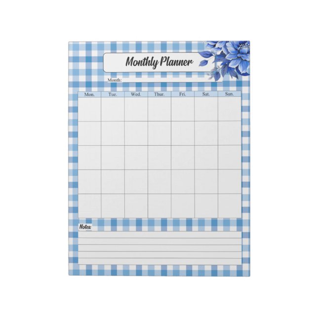 Bloc De Notas Blue Floral Gingham _ Plano mensual (Lado Izquierdo)
