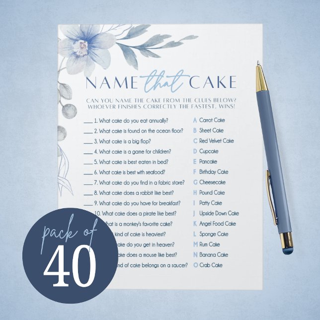 Bloc De Notas Blue Flower Name The Cake Bridal Shower Game Pack (Beautiful Blue Watercolor Floral Name That Cake Bridal Shower Game Pack of 40 Games)