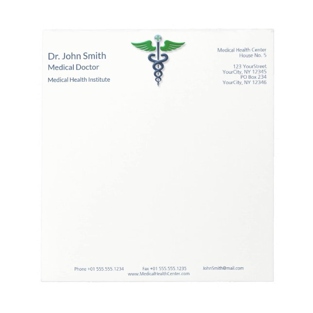 Bloc De Notas Blue Stylish Medical Caduceus Green Wings Cross (Frente)